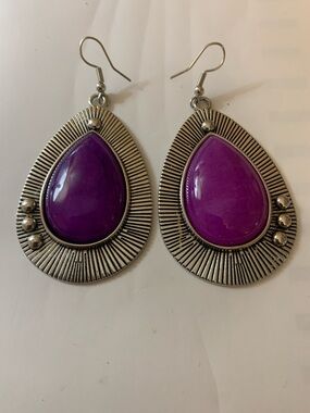 Purple Teardrop Silver-Tone Dangle Earrings - Brand Unspecified